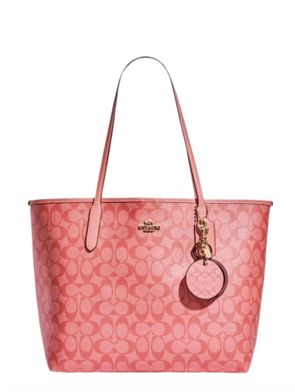 🆕 Coach Pink Lemonade Signature C Mirror Bag Charm Keyring Purse Fob Keychain